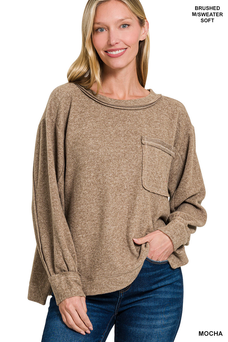 Brushed Hacci hi-low round neck sweater