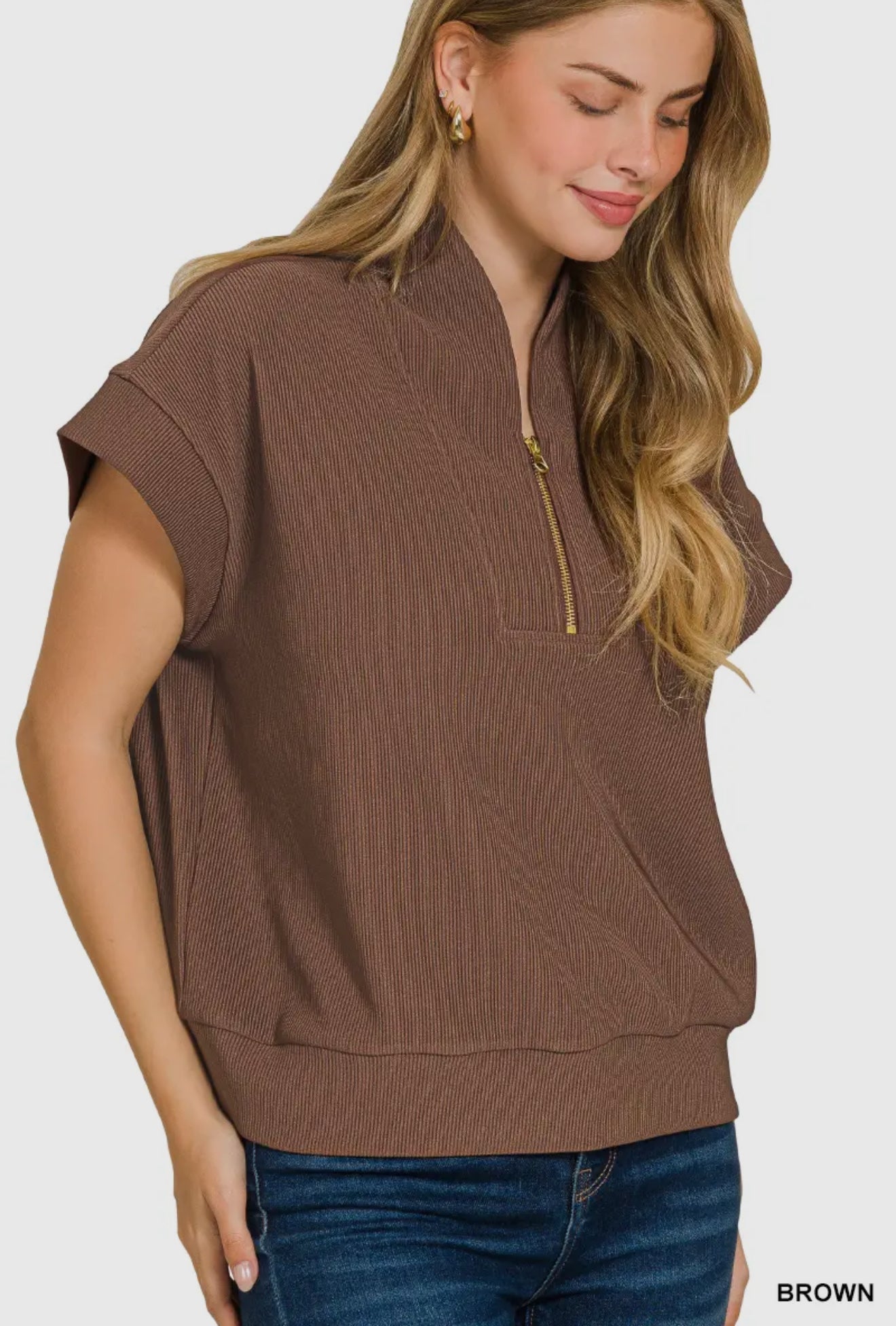 Ribbed High Neck Half Neck Zip Top
