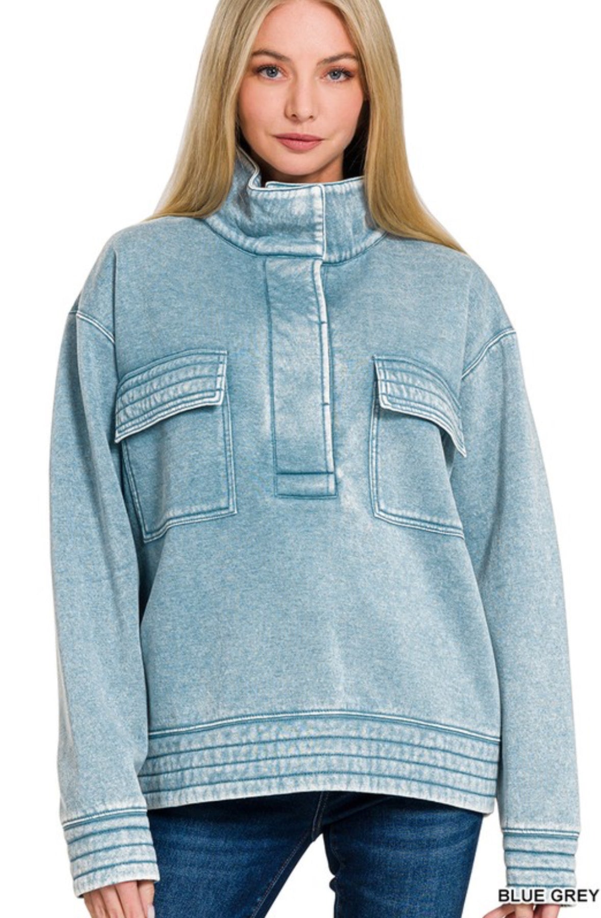 Acid Wash Half Button Front Fleece Top