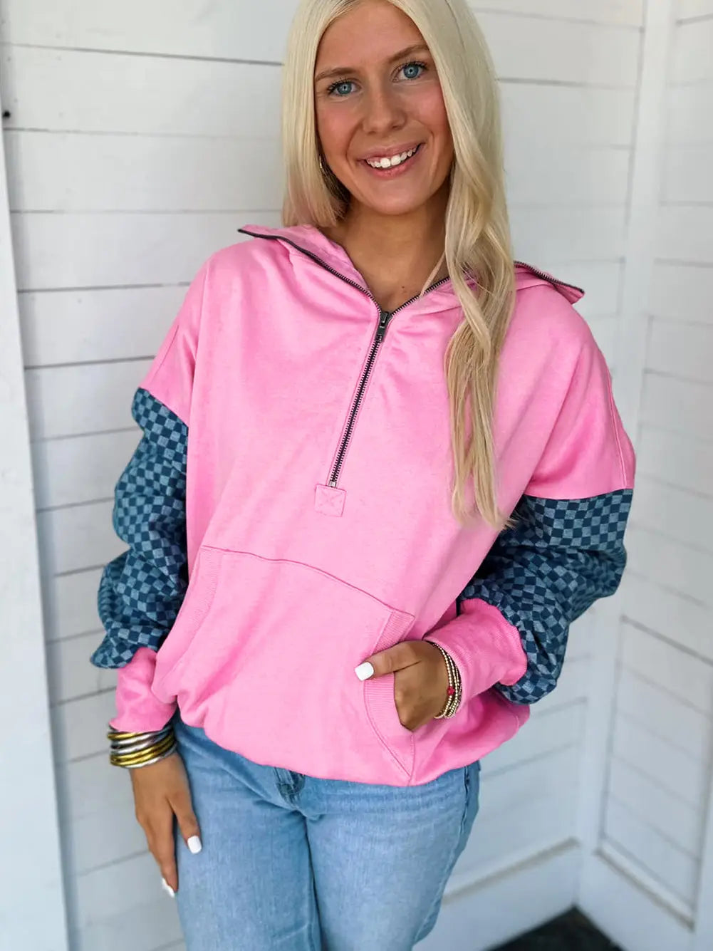 Checkered Patchwork Half Zip Hoodie with Pocket