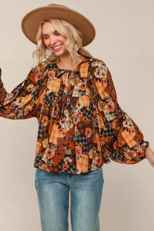 V neck Floral Patchwork Blouse
