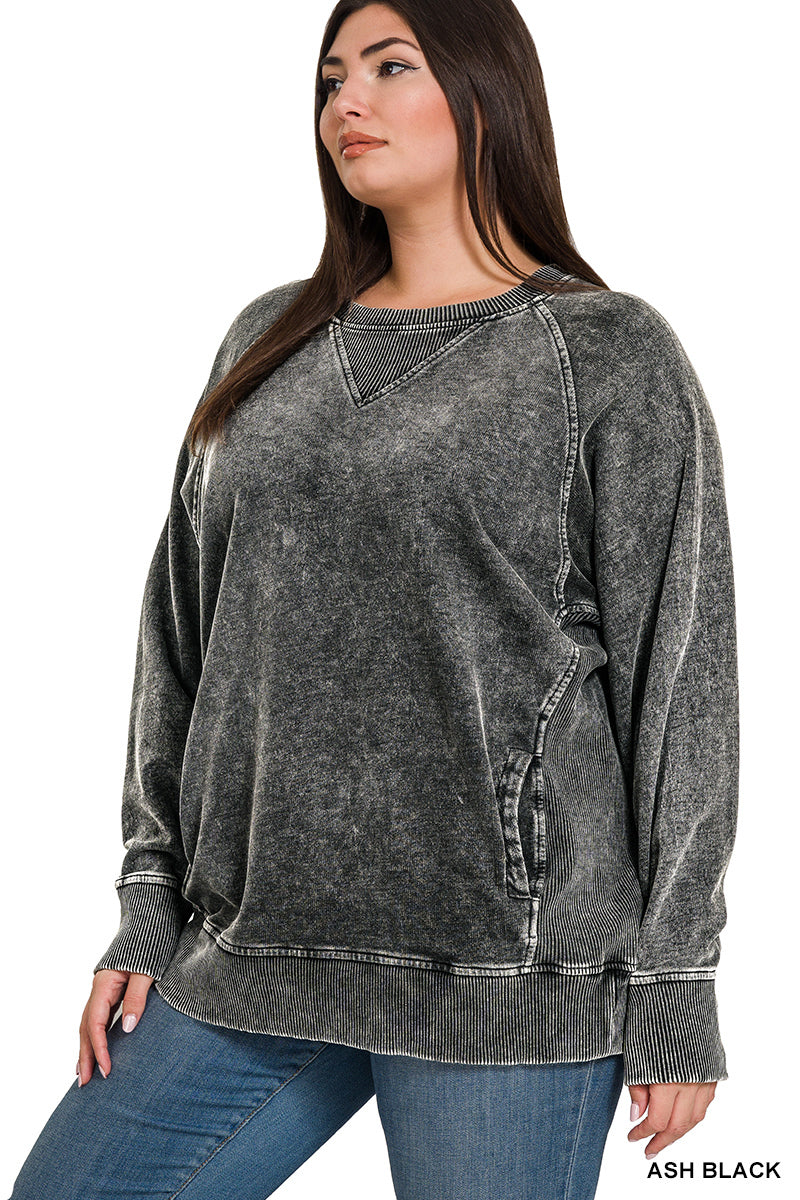 Plus acid washed French terry pullover w pockets
