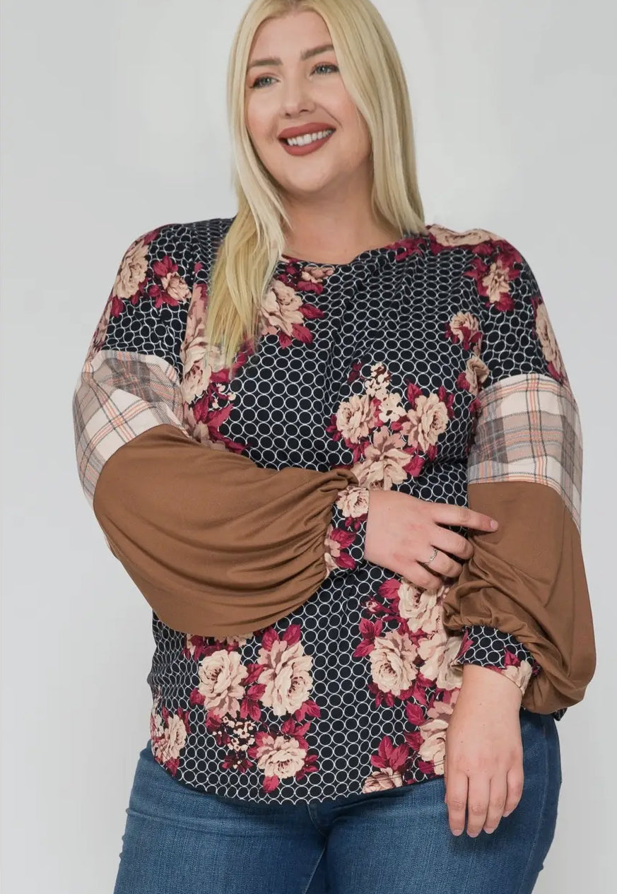 Plus Floral Long Sleeve Color Blocked Plaid Pattern Top