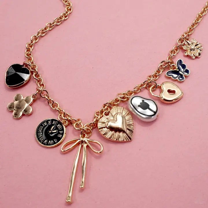 CHARM NECKLACE-HEART CLOCK BOW LOCK CHARMS