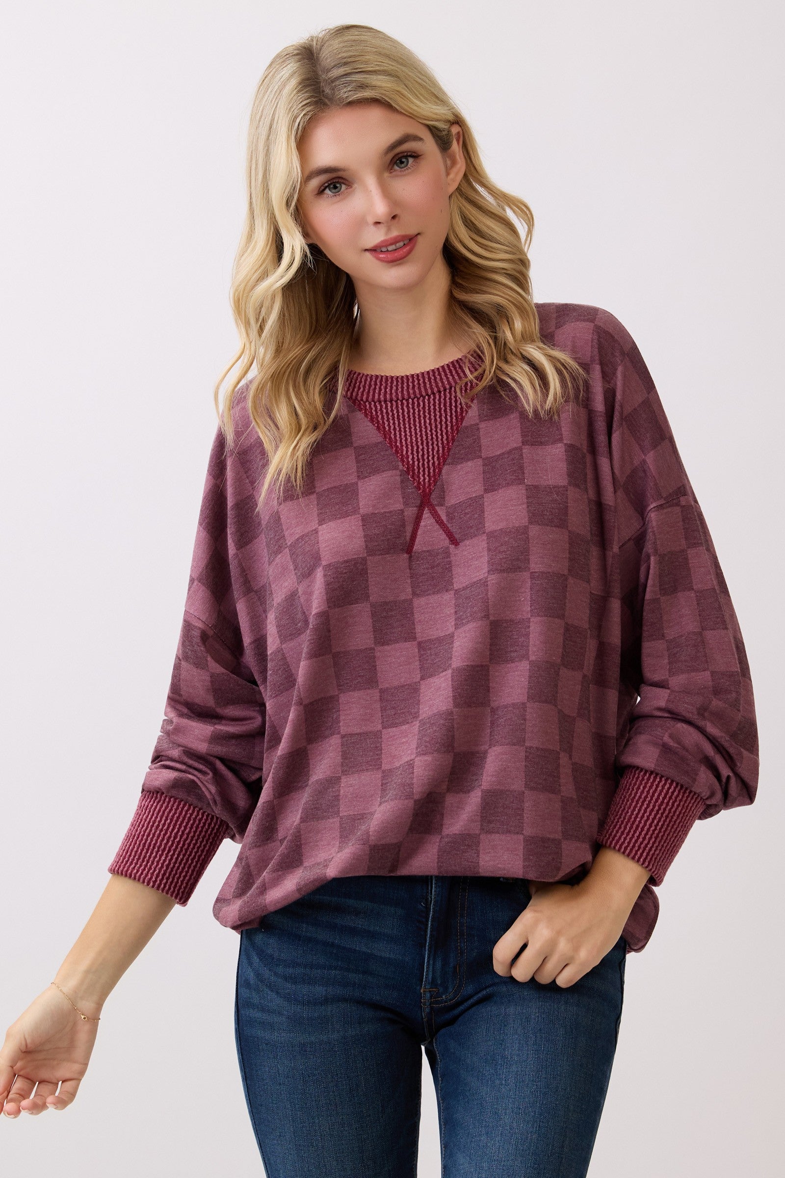 Checkered Print Drop Shoulder Pullover Top