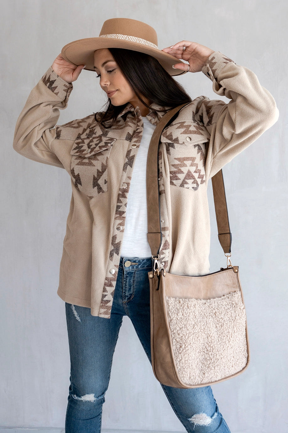 Chloe Teddy Trim Crossbody with Guitar Strap