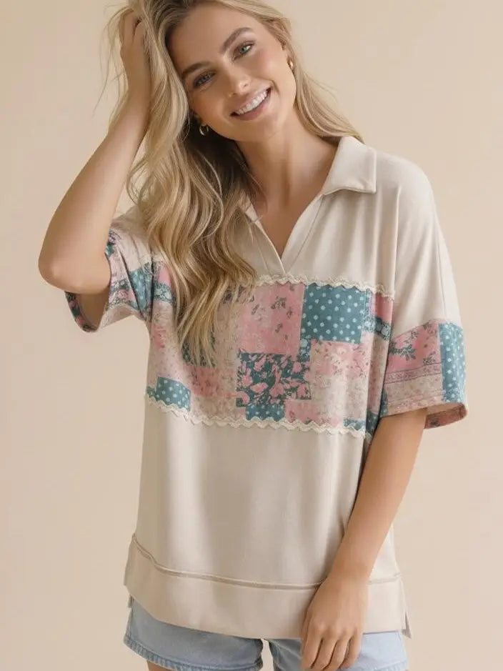 Collared Notch Neck Floral Patchwork Print Top