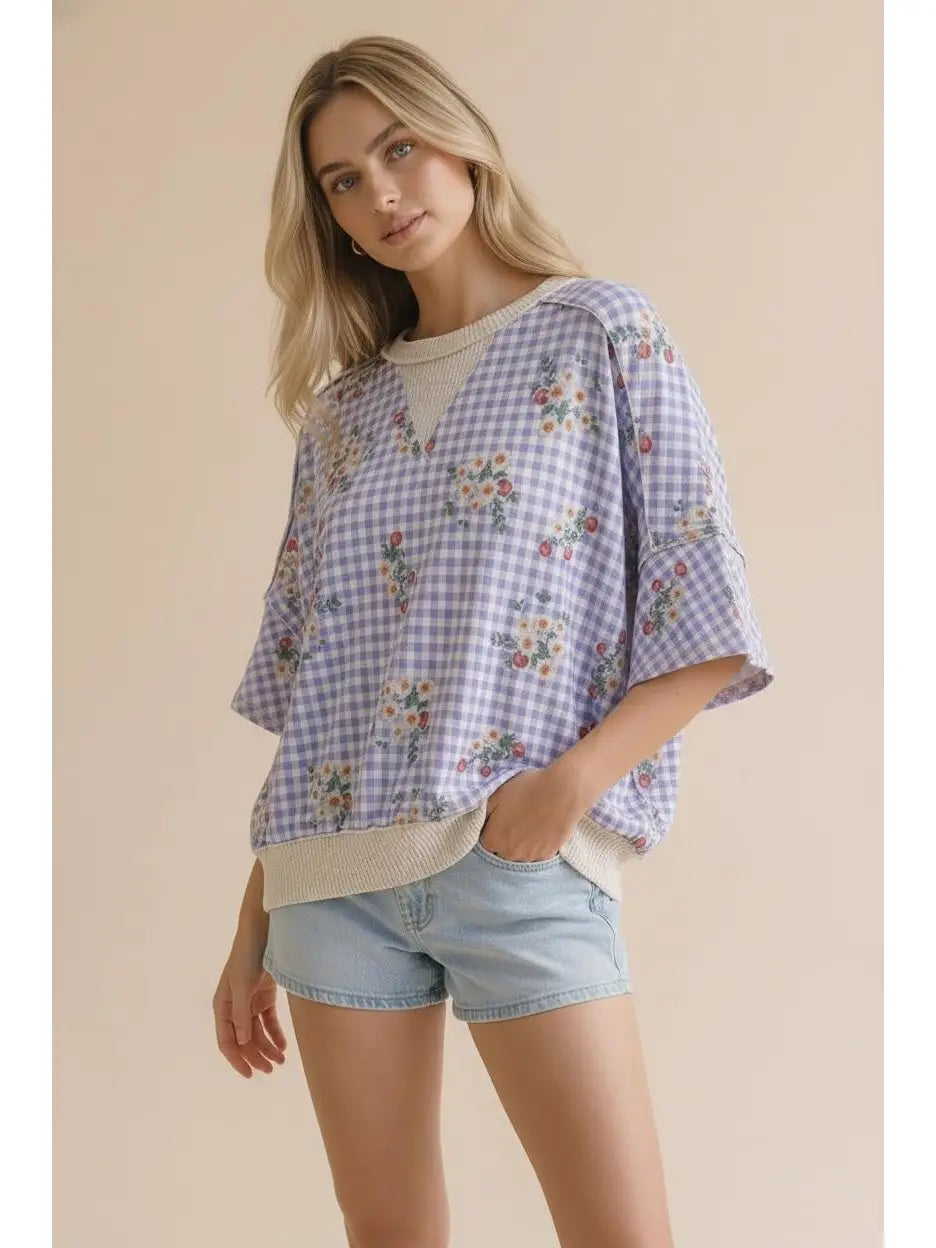 Color Block Gingham Floral Terry Top