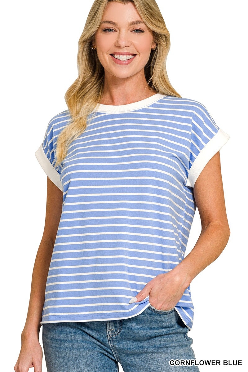 Contrast Trim Cap Sleeve Stripe Tee