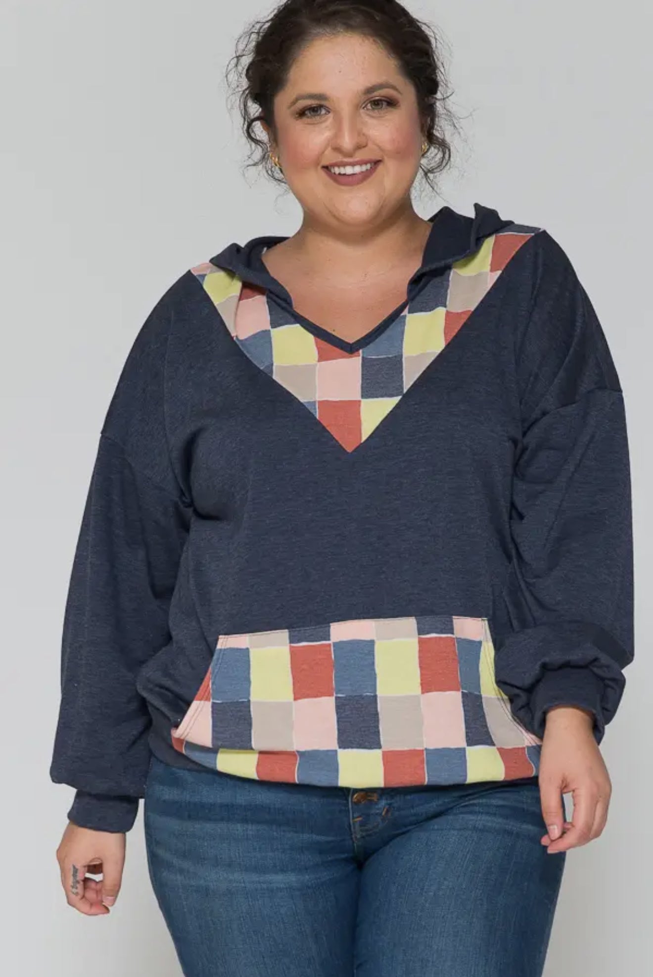 Plus Crew Neck Color Blocked Long Sleeve Hoodie Top