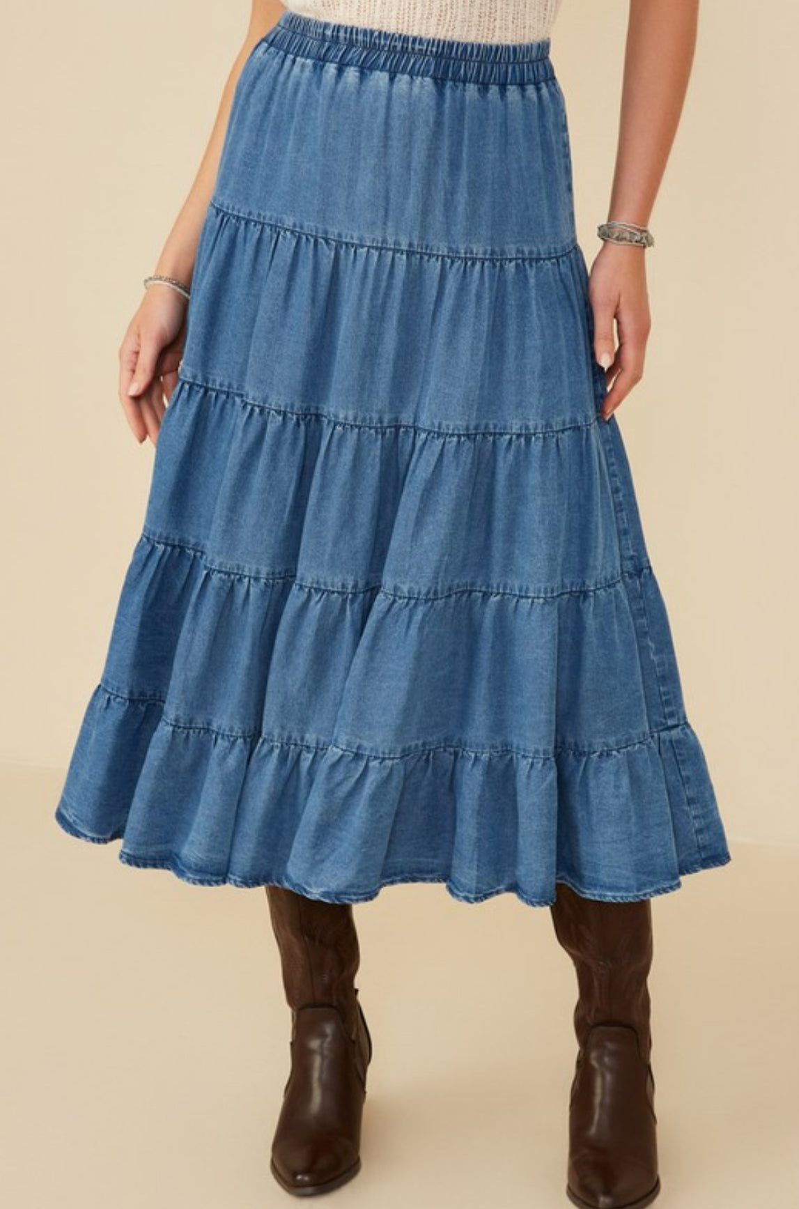 Elastic Waist Tiered Denim Skirt