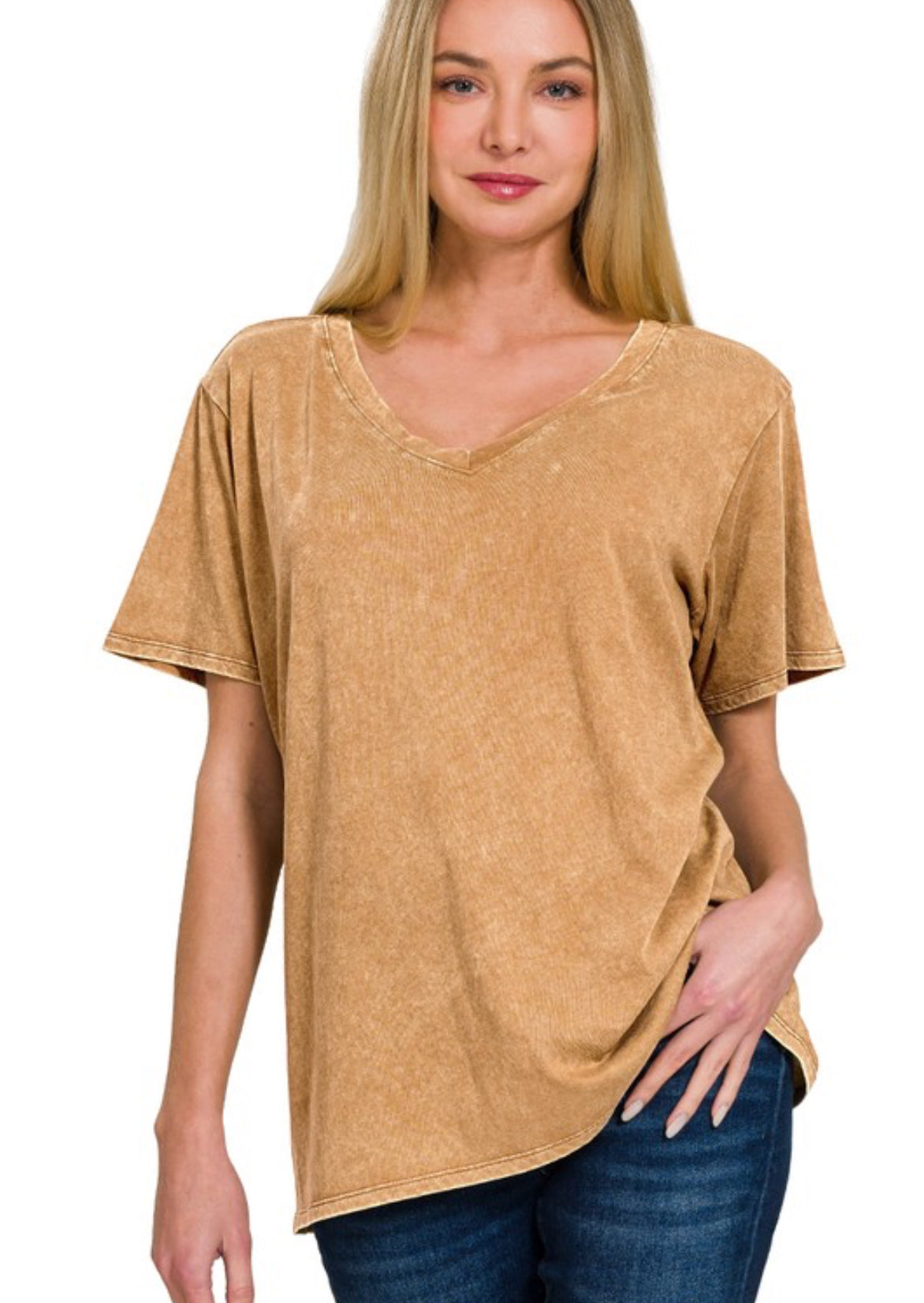 Washed Short Sleeve V-Neck Top