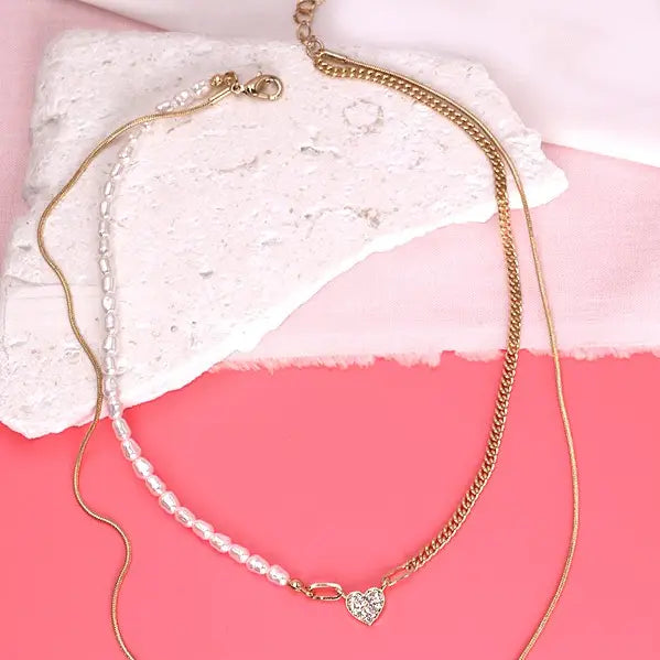 Double Mini Heart Pearl Chain Necklace