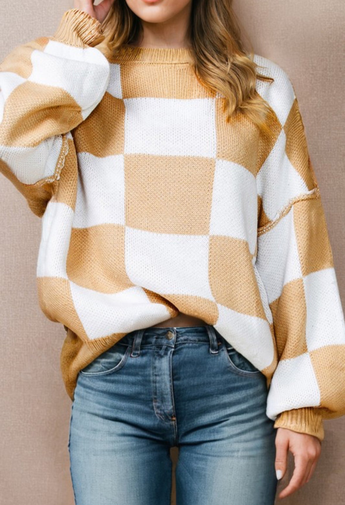 Checkered Bishop Sleeve Sweater