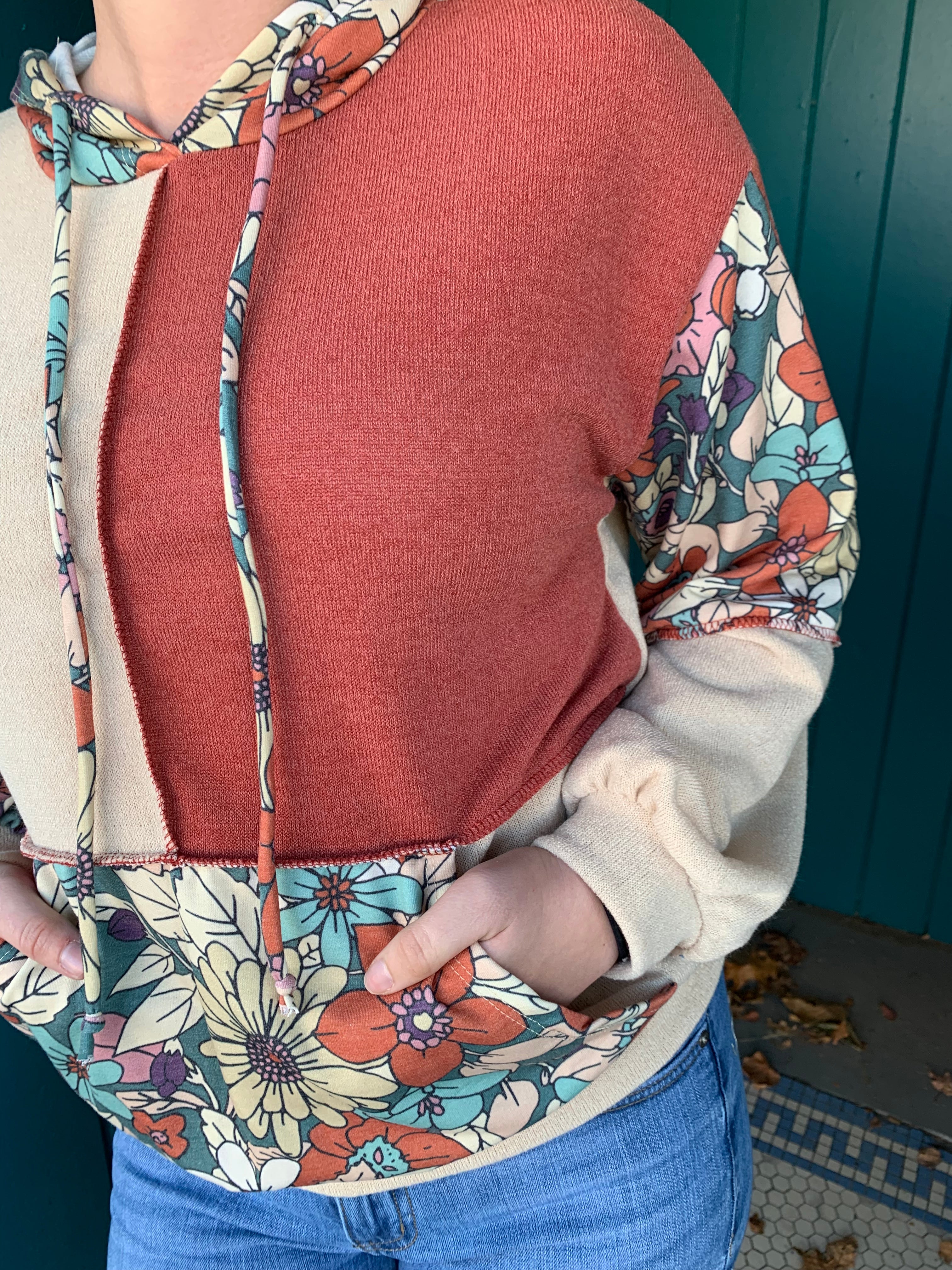 Floral Print & Color Block Hoodie