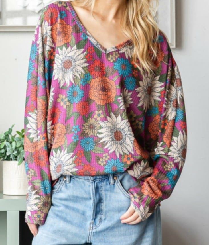 Magenta Winter Floral V-neck Waffle Top