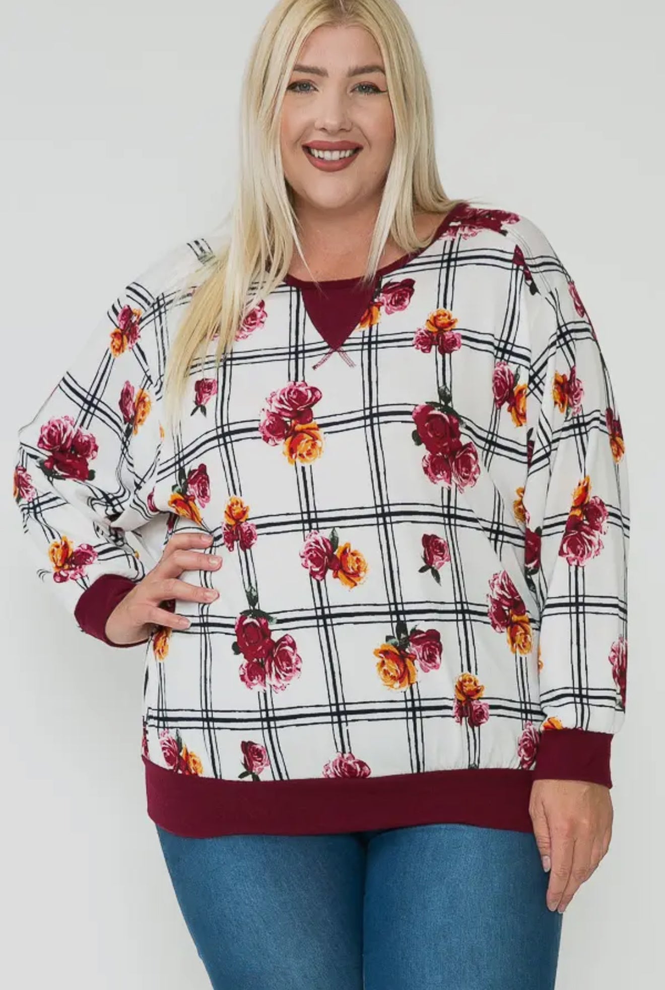 Plus Plaid Floral Long Sleeve Vintage Top