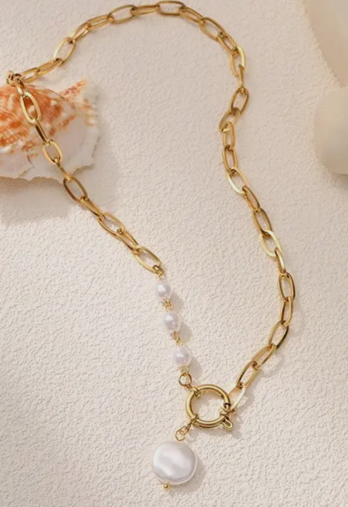 Titanium Steel Non-Tarnish Pearl Gold Necklace