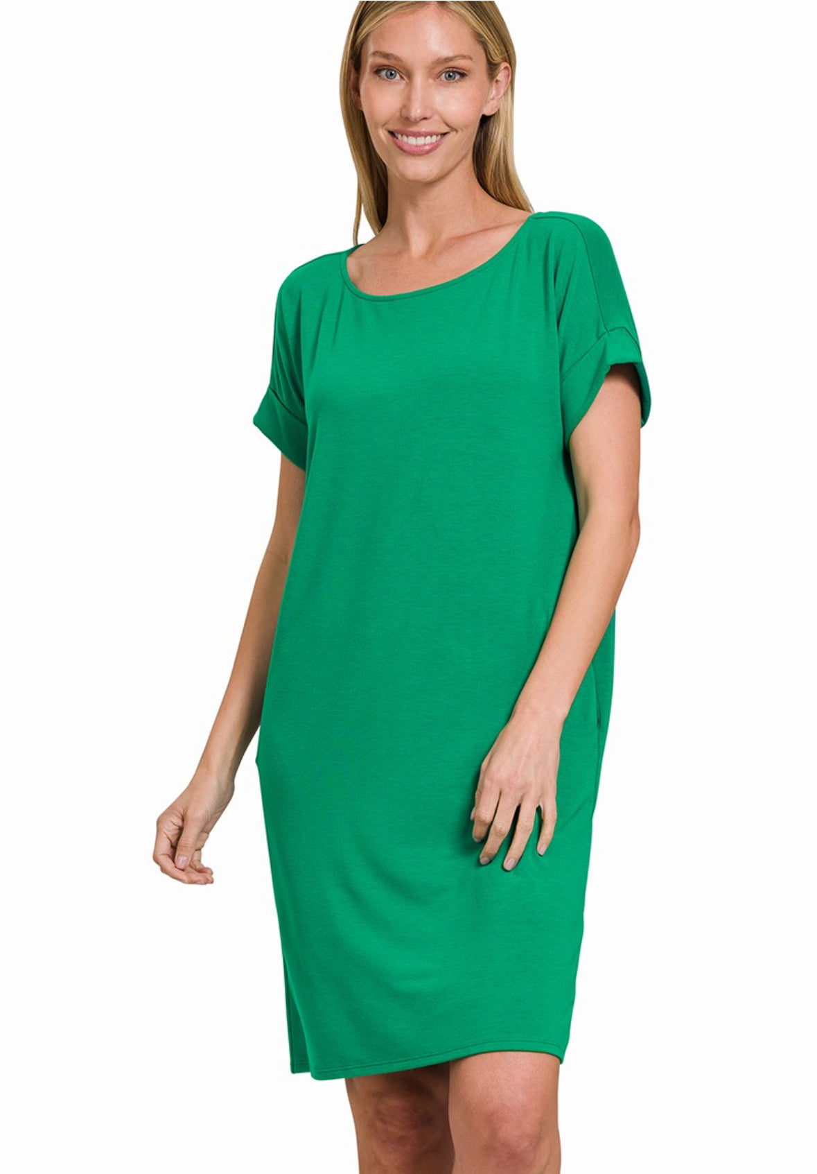 Rolled Short Sleeve Round Neck Dress