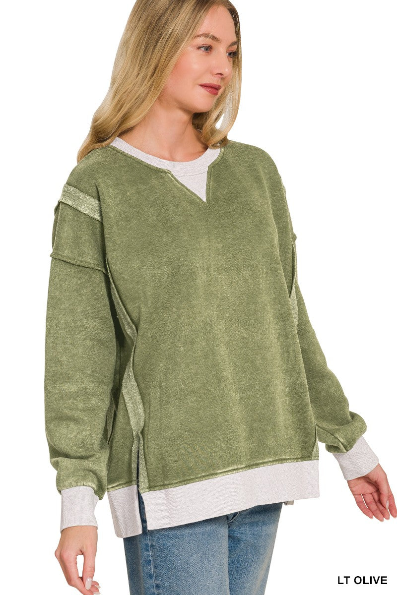 Zenana Fleece Acid Washed Contrast Trim Pullover
