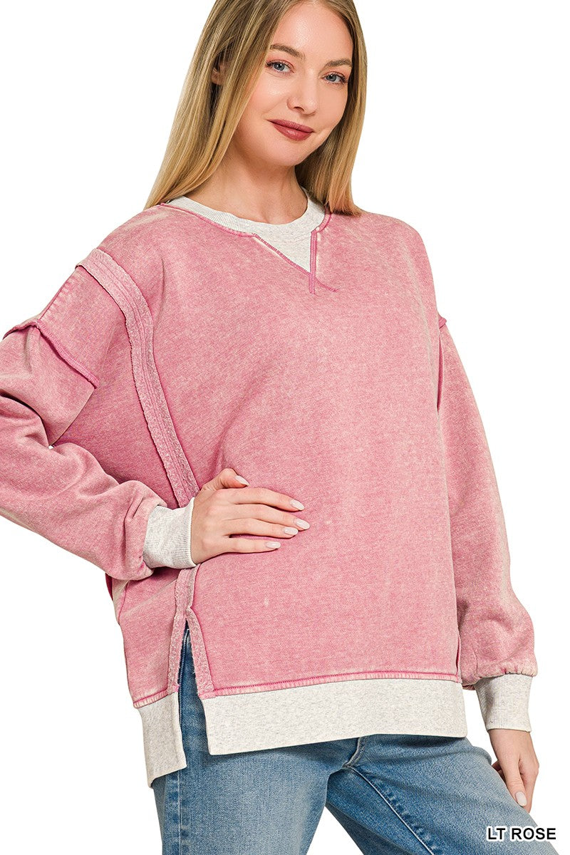 Zenana Fleece Acid Washed Contrast Trim Pullover