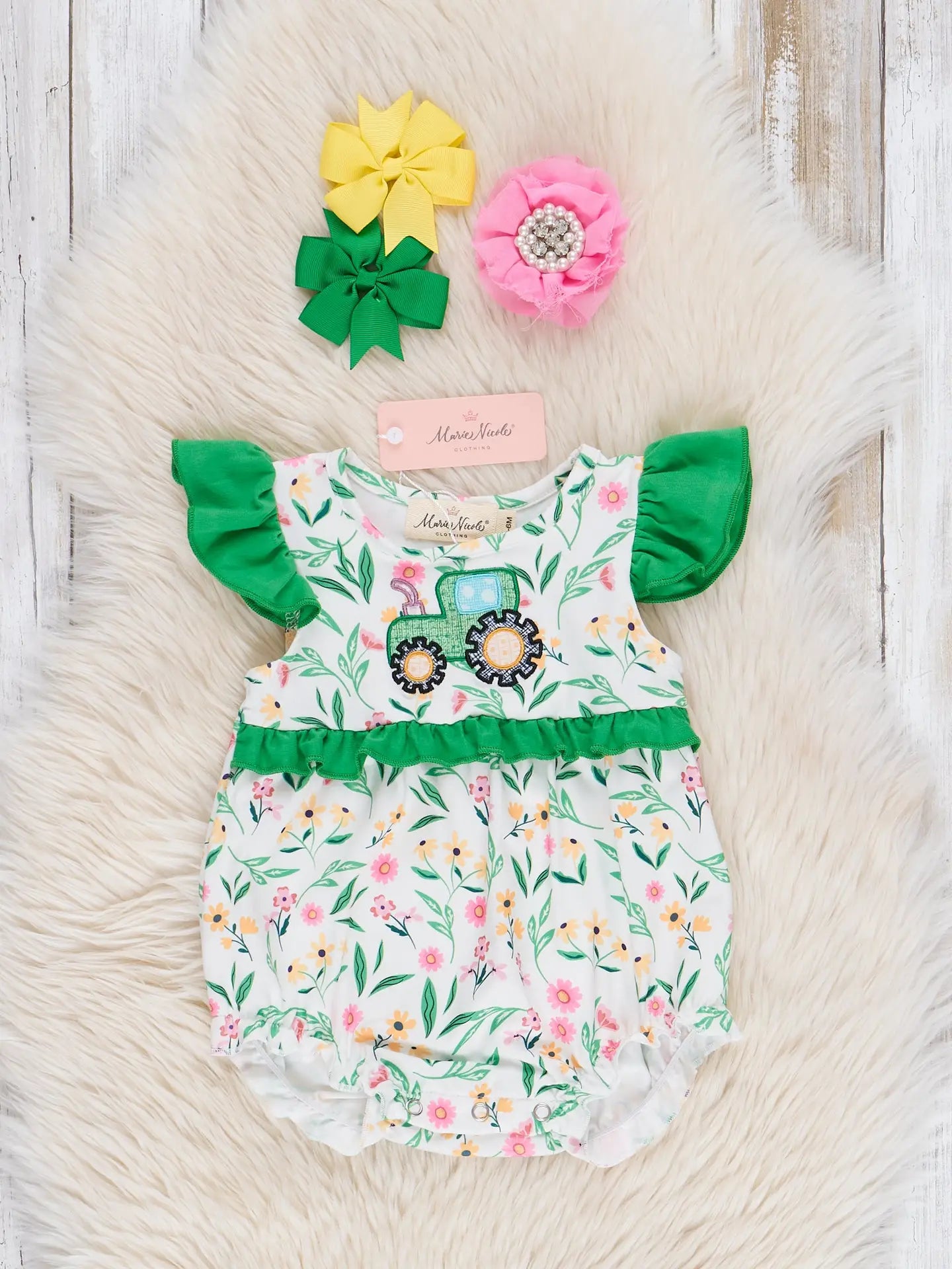 Floral Tractor Embroidered Ruffle Romper