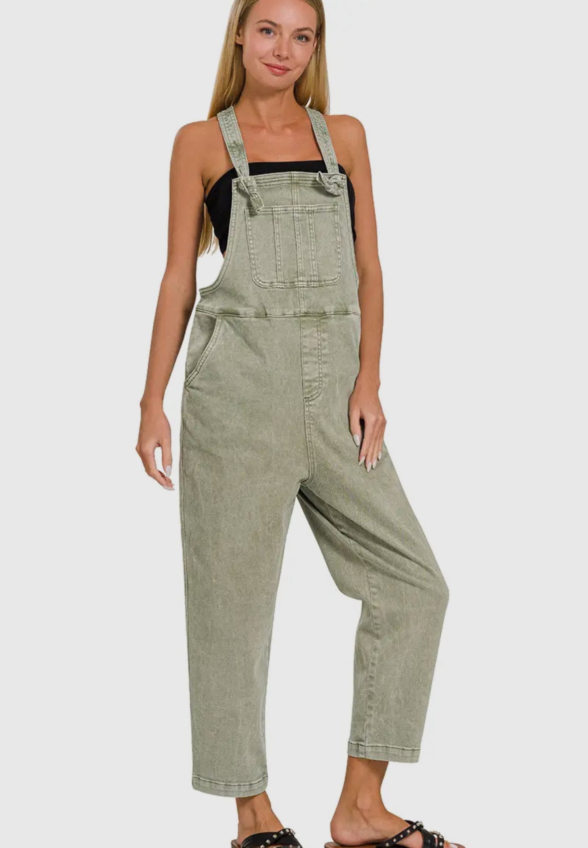 Acid Washed Knot Strap Relaxed Fit Overalls