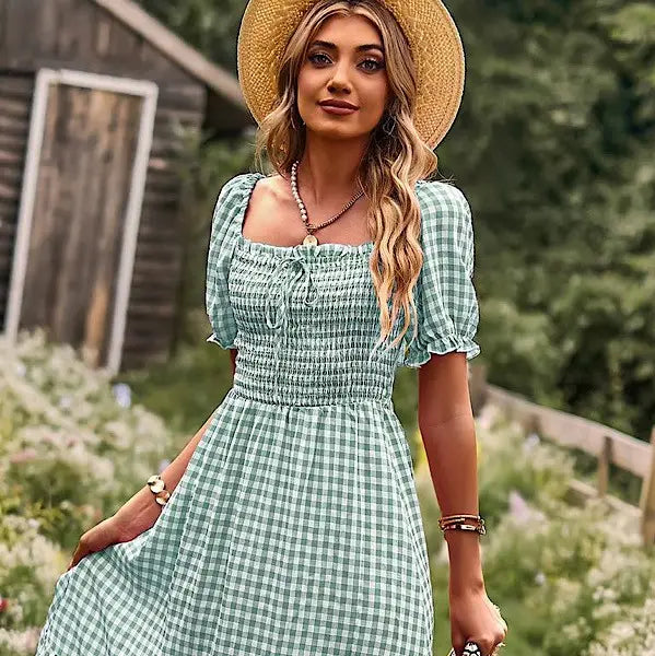 Gingham Puff Sleeve Dress