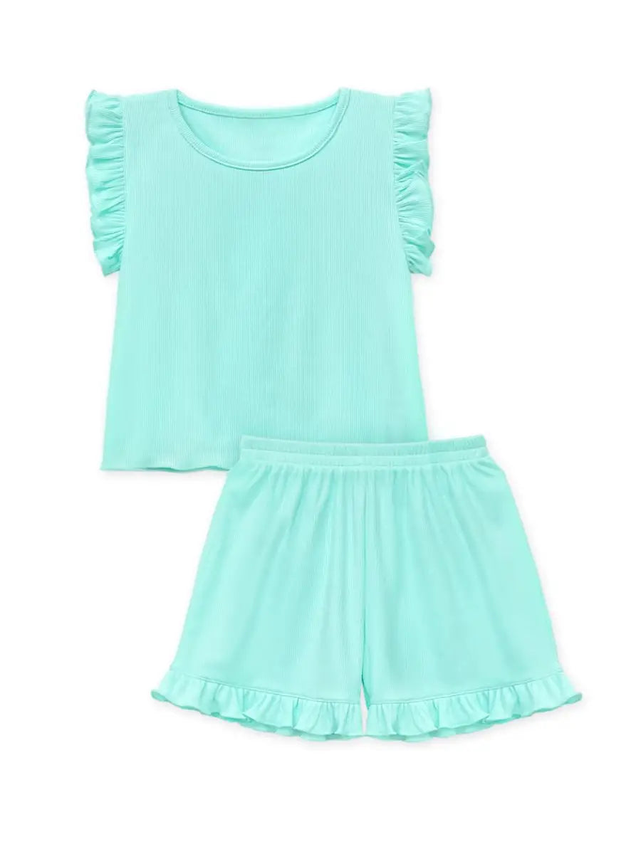 Girls Mint 2 Pc Ribbed Short Set w/ Ruffle Sleeve