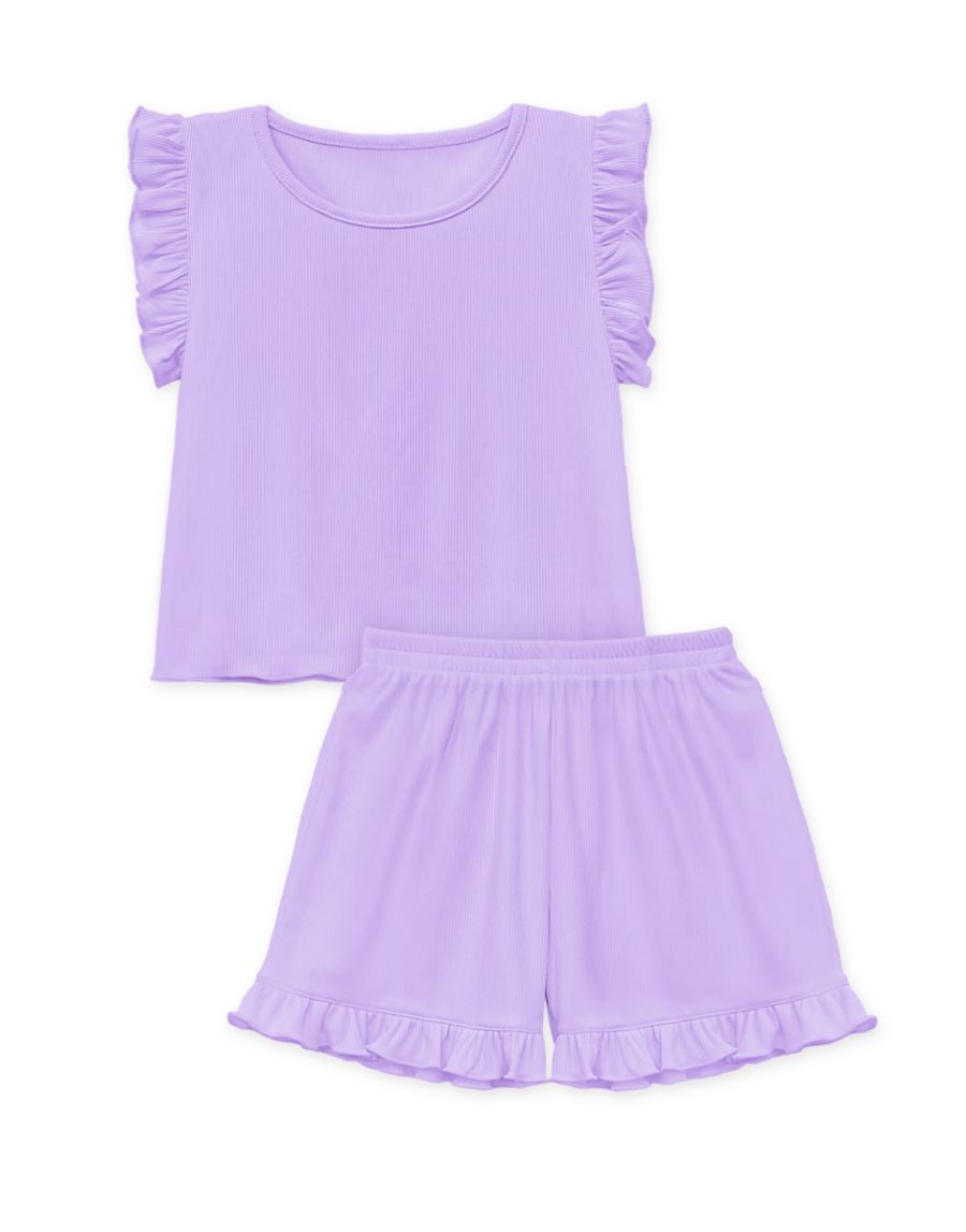 Girls Purple 2 Pc Ribbed Short Set w/ Ruffle Sleeve