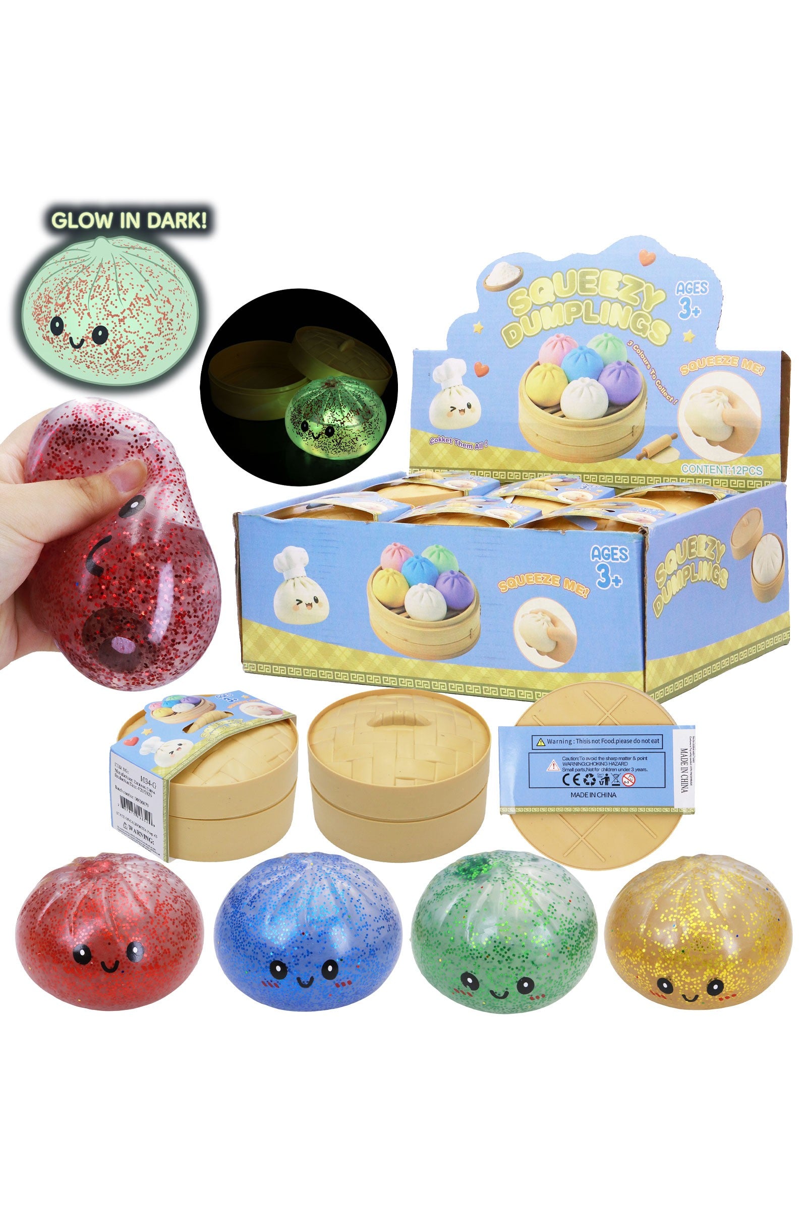 Glow-in-the-dark toy eggs with packaging and a hand holding one egg.