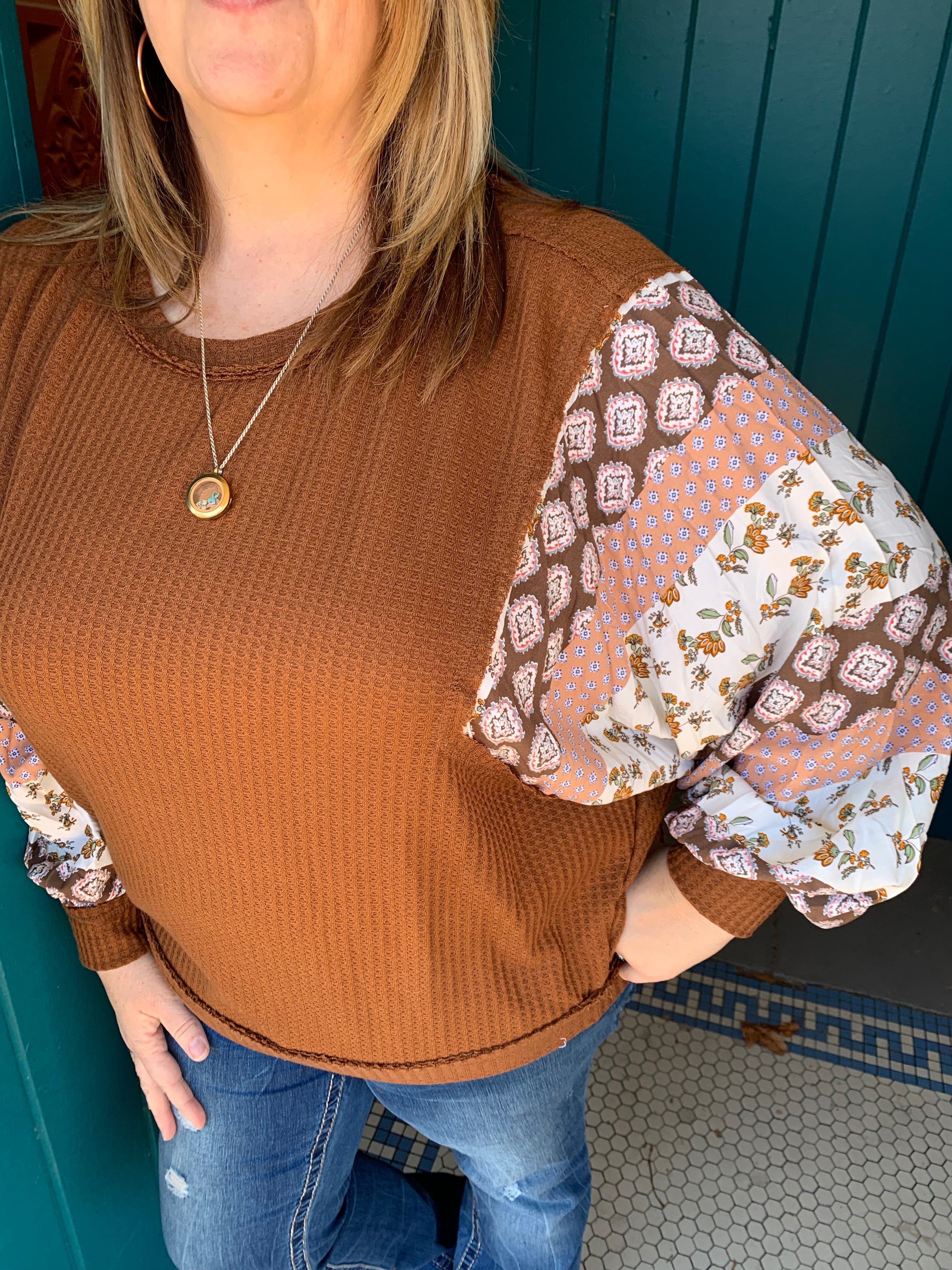 Curvy Waffle Knit/ Waven Print Top