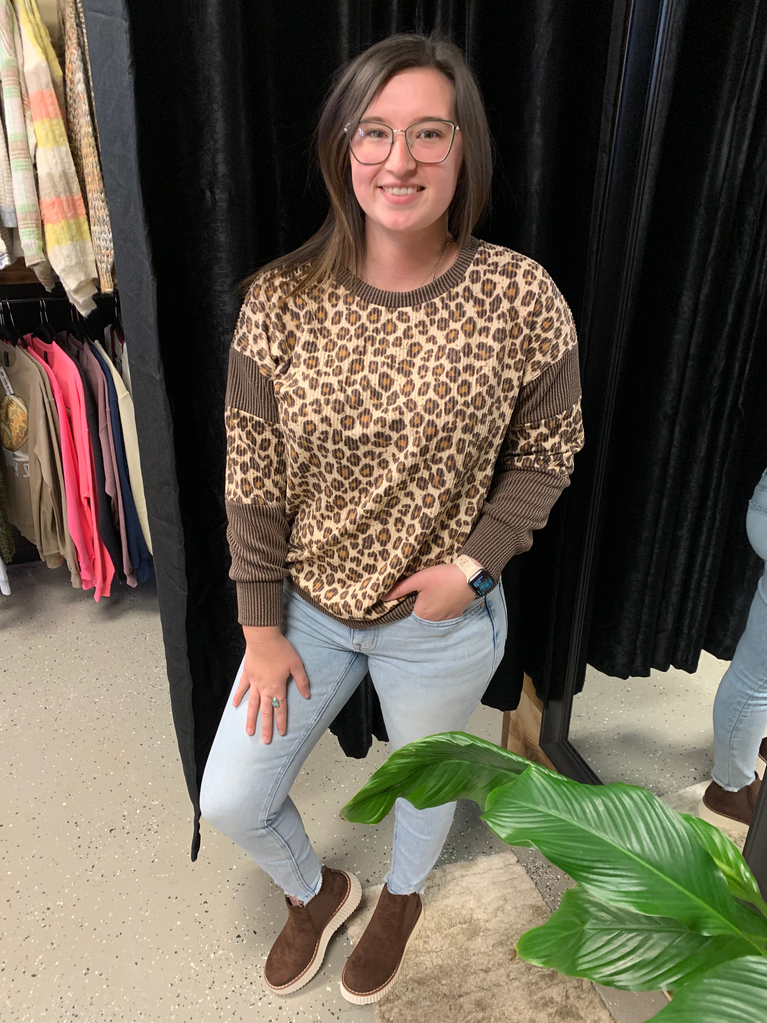 Leopard Print Drop Shoulder Pullover Top