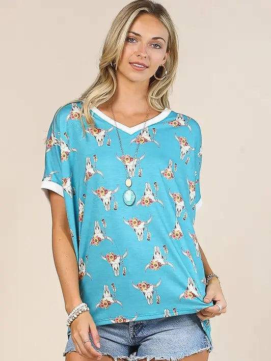 Longhorn Print V Neck Top