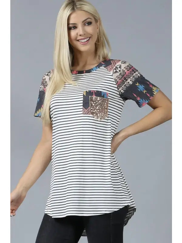 Aztec Print Sequin Pocket Top