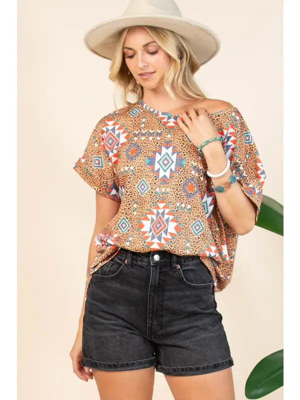Leopard Print Relaxed Short Sleeve Knit Top