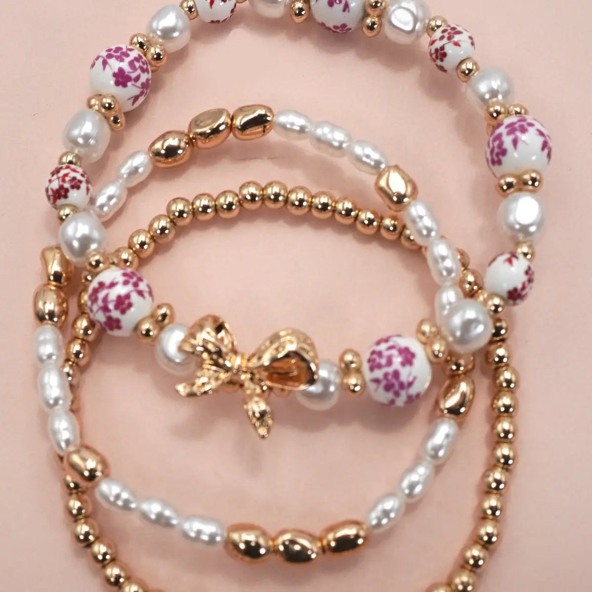 Pink Ceramic Porcelain Bow Multi Layer Bracelet