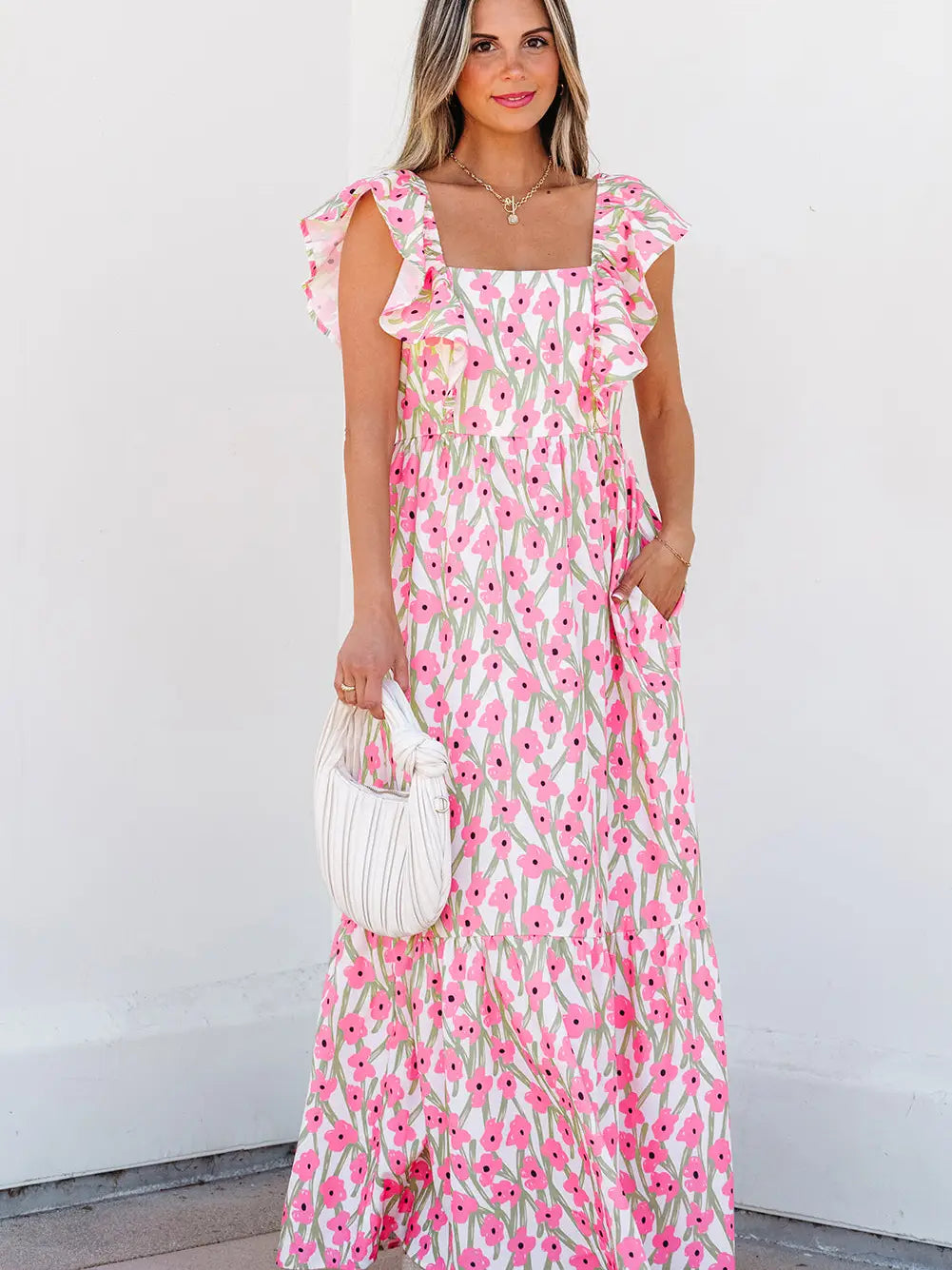 Floral Print Square Neck Ruffled Strap Maxi Dress
