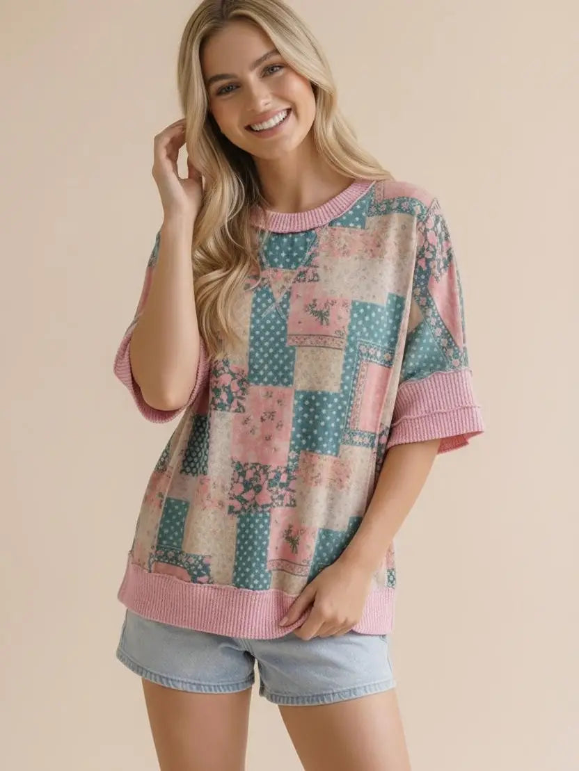 Polka Dot and Floral Patchwork Print Knit Top