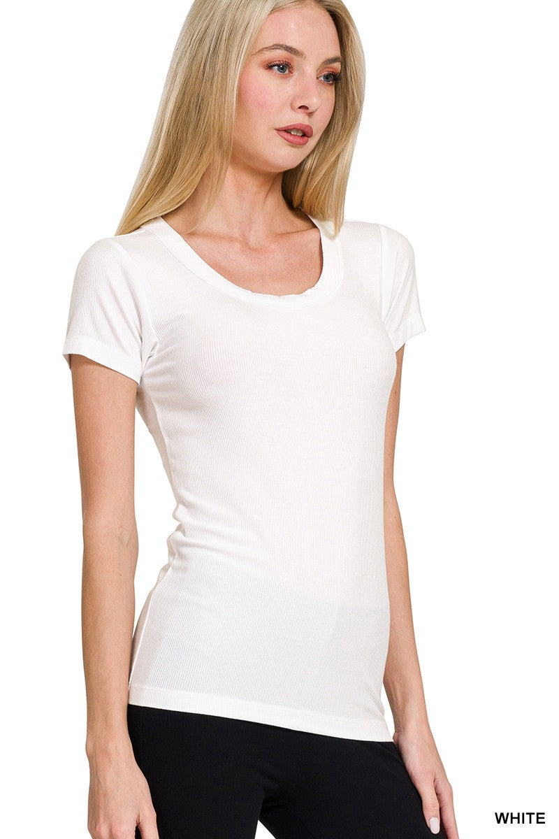 Ribbed Round Neck Short Sleeve Tee Shirts