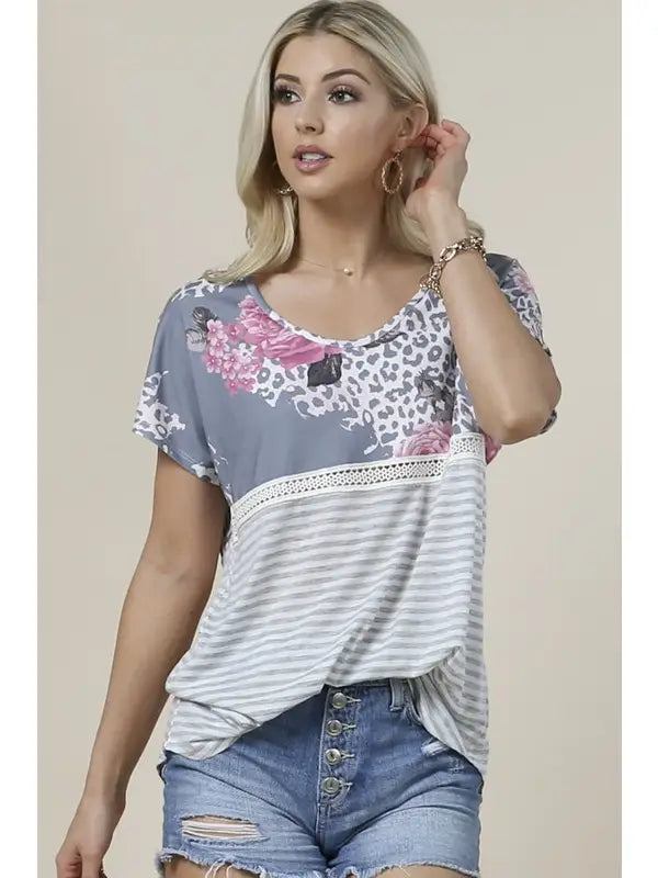 Sonia Floral Print Stripes & Lace Top