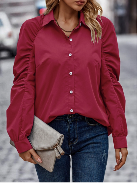 Ruched Long Sleeve Button Down Shirt