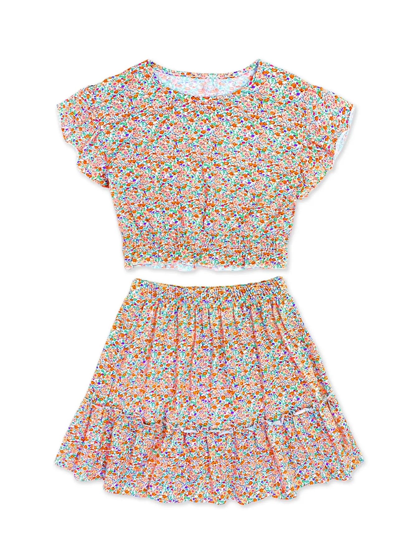 Teal/ Coral/ purple Toddler's 2 Pc Floral Skirt Set