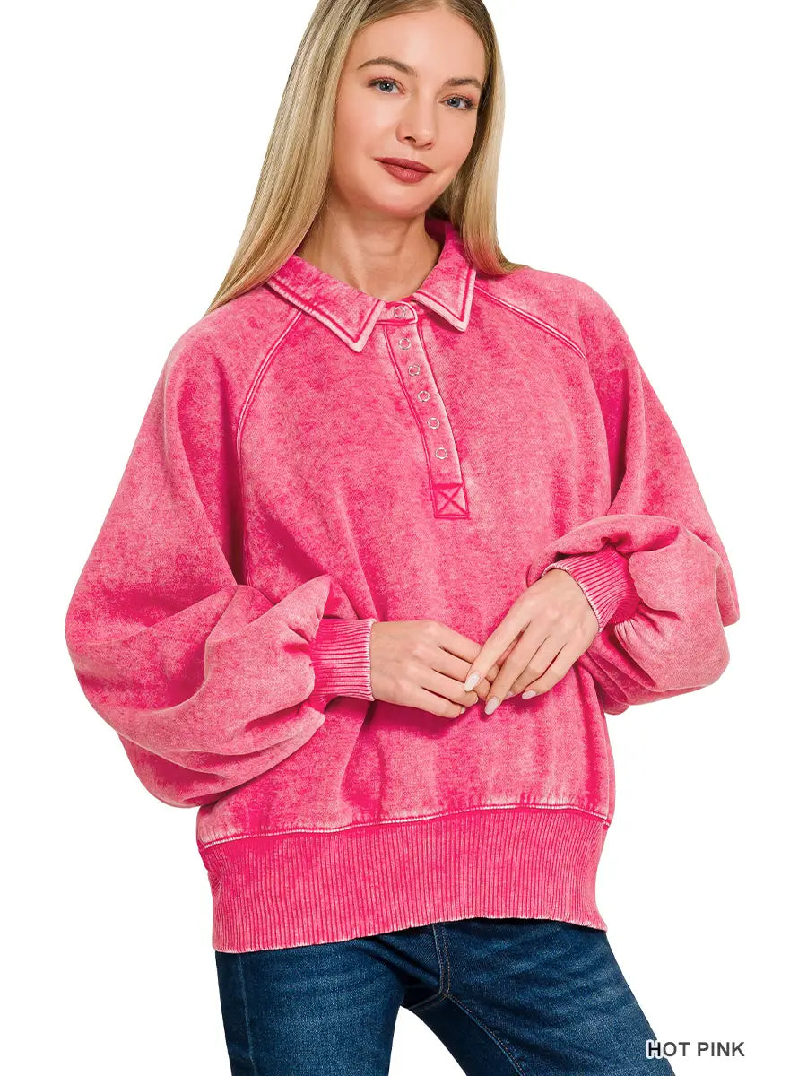 Washed Fleece Button Up Collared Pullover