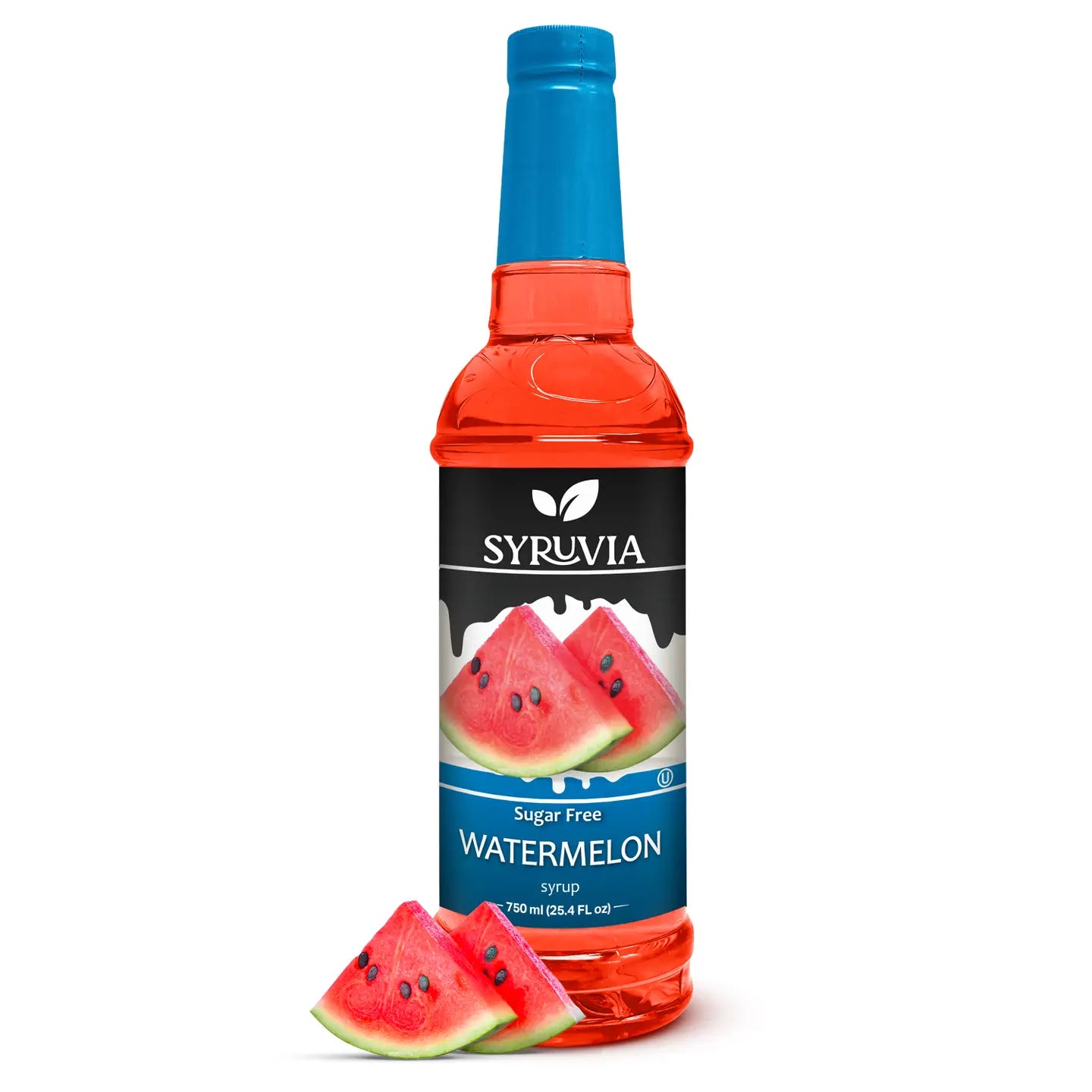 Syrup bottle with watermelon flavor on a white background
