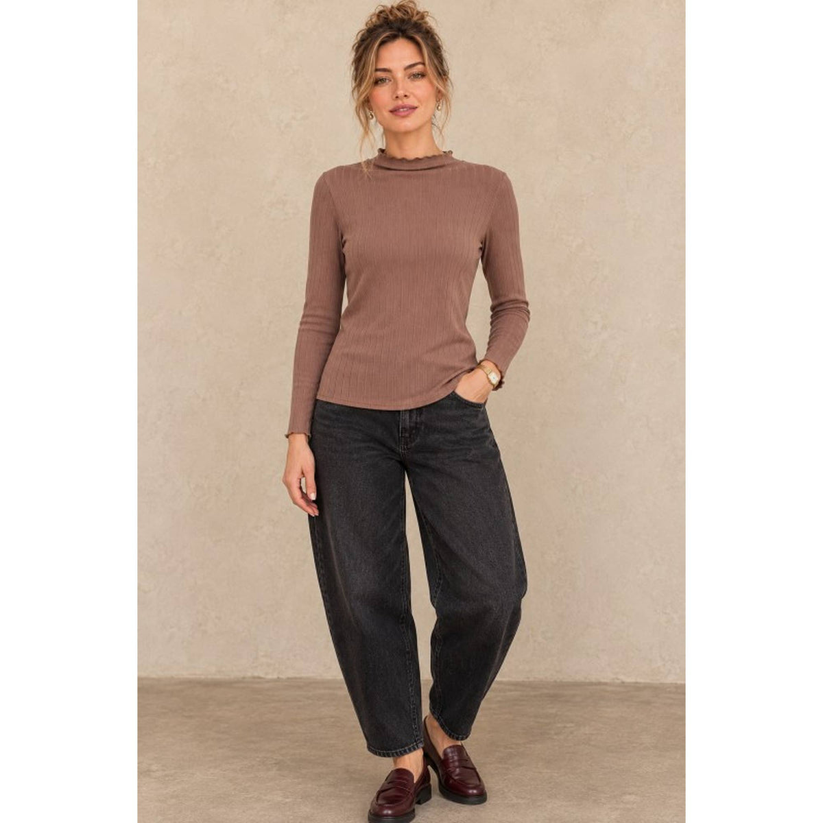 Ribbed Mock Neck Long Sleeve Lettuce Edge Knit Top