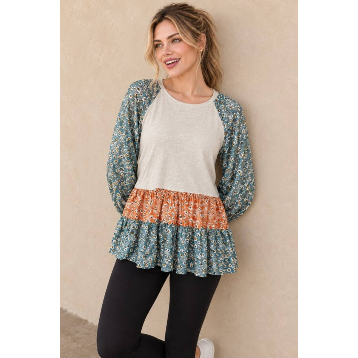 Mixed Floral Balloon Sleeve Ruffle Hem Top