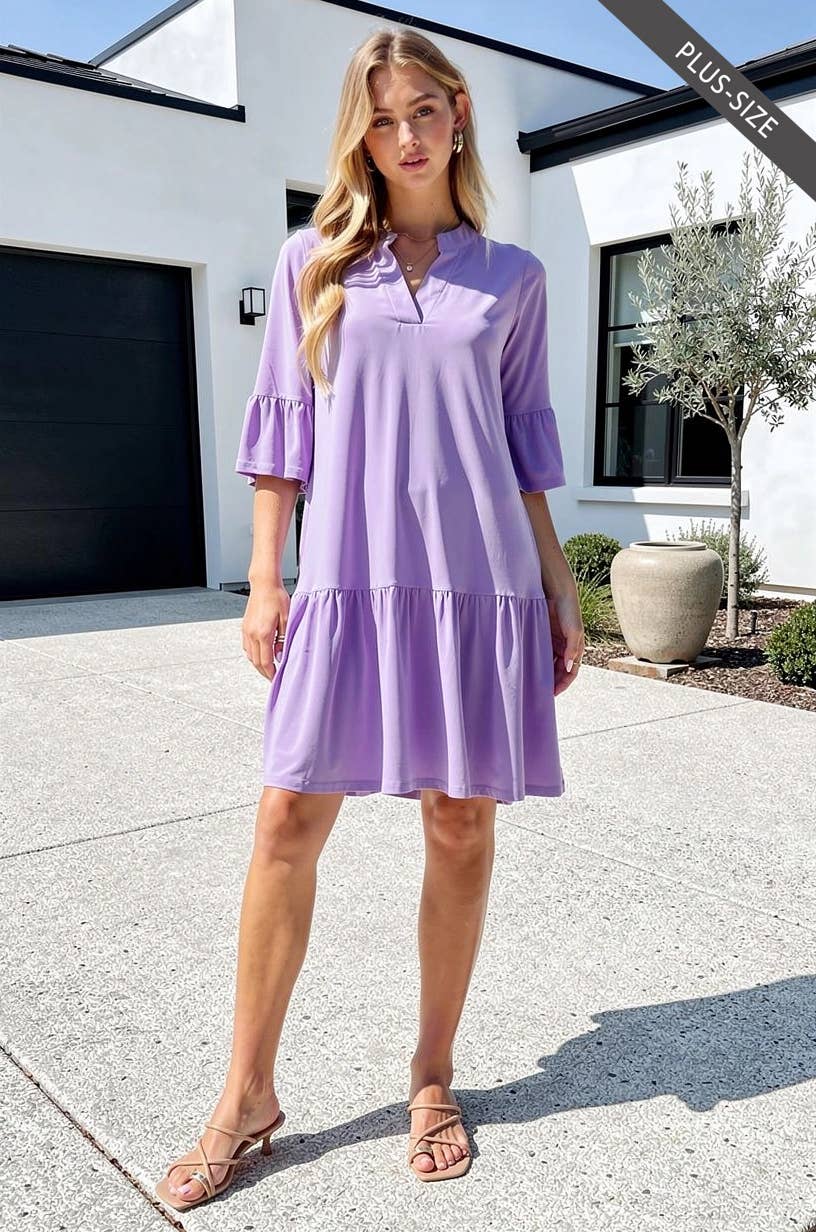 PLUS SIZE Shirred Tiered Relaxed 3/4 Sleeve Dress