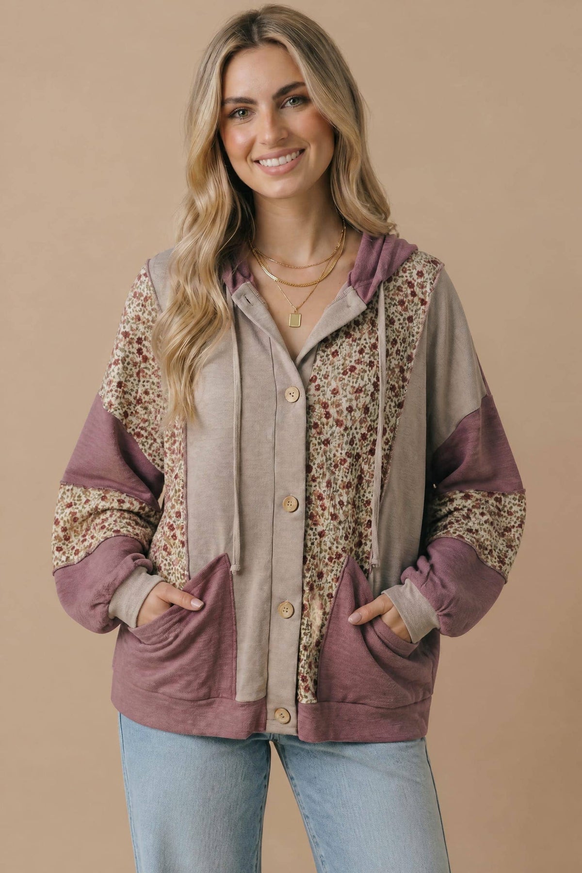 Mixed Media Bubble Sleeve Hoodie Jacket