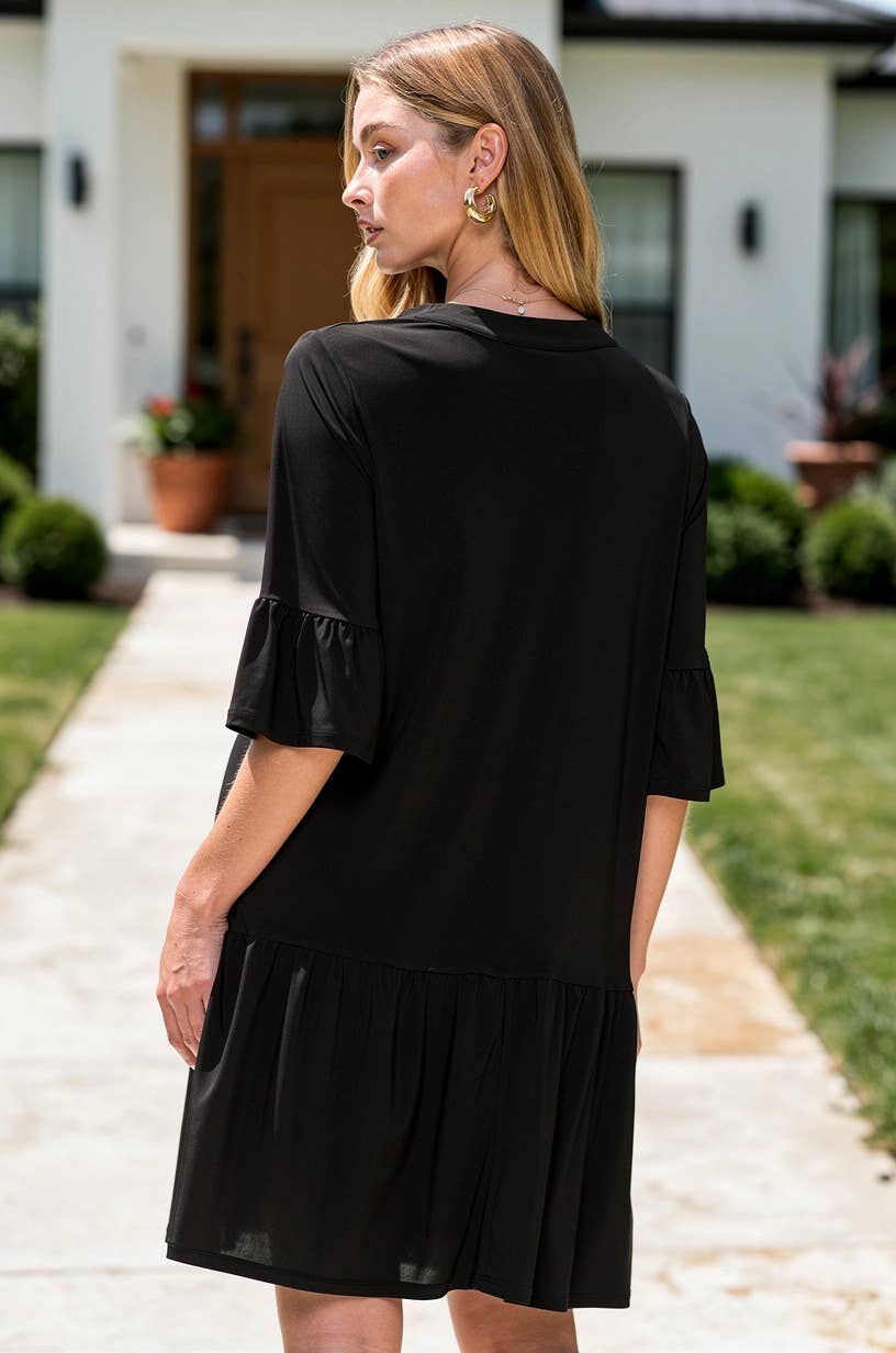 Shirred Tiered Relaxed 3/4 Sleeve Dress